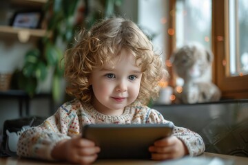 A young child using an educational app on a tablet, early learning, realistic, bright colors
