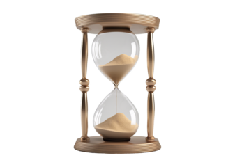 Classic wooden hourglass with sand falling, isolate on transparent background, symbolizing the passage of time and timelessness.
