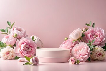 Minimalistic pink pastel background for product demonstration. A modern catwalk with a pink wall wall and pink peonies all around. Creative design for product presentation.