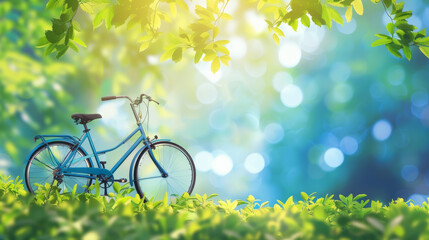 A vintage blue bicycle stands idyllically against a lush green, sunlit backdrop, invoking nostalgia. - Powered by Adobe