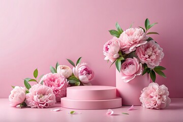 Minimalistic pink pastel background for product demonstration. A modern catwalk with a pink wall wall and pink peonies all around. Creative design for product presentation.