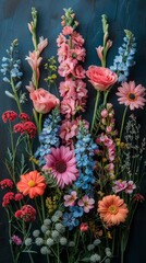 Fototapeta premium Creative layout made of various flowers. Flat lay delicate colorful bouquet as event greeting card, holiday celebration，Vibrant Floral Composition - Exquisite Arrangement of Colorful Blossoms in Stunn