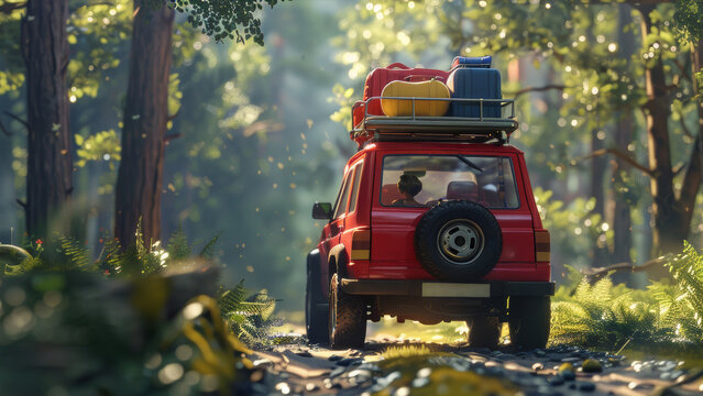 A red SUV packed with luggage traverses a sun-dappled forest, adventure on the horizon.