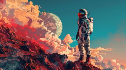 Retro Astronauts Exploring Alien Planets in Retrowave Colors

