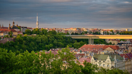 Fototapeta premium Vyšehrad View: Nusle Bridge and Historic Wall Against Prague Panorama