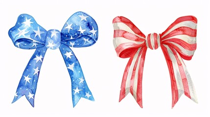 Celebrate Independence Day with a beautiful watercolor illustration of red, white, and blue bows and ribbons.