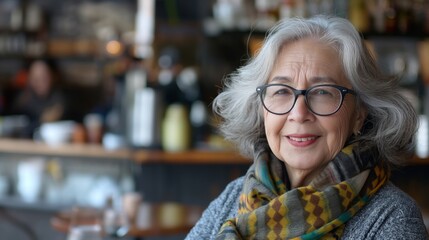 Portrait of an elegant elderly woman with glasses in a cozy cafe, showcasing a warm and inviting atmosphere. Ideal for lifestyle and senior-focused projects.