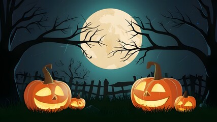 Halloween night spooky background with pumpkins and flying bats. Vector