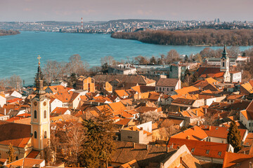 Explore Belgrade's skyline: A panoramic view of the cityscape along the Danube River, from the...