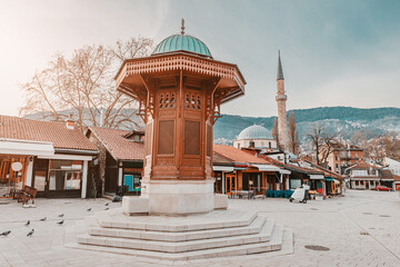 The iconic Sebilj fountain stands proudly in the heart of Sarajevo's historic Bascarsija district,...
