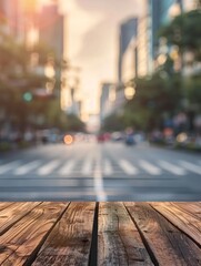 Blank wooden surface with blurred cityscape view, providing room for showcasing promotional items with stunning urban road backdrop.