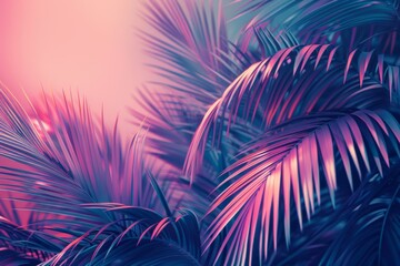 Retro Palm Leaves in Retrowave Pastel Colors on Tropical Beach

