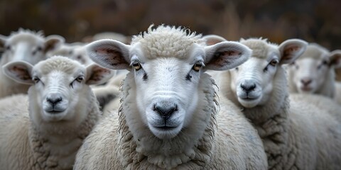 Fototapeta premium Sheep huddling together closely with copy space in focus. Concept Animal Photography, Sheep Herd, Close-up Shots, Copy Space, Nature Scene
