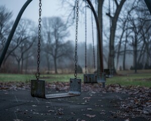 Empty swings swaying in a deserted park, overcast skies, gentle breeze somber atmosphere, high resolution, emotional stillness 