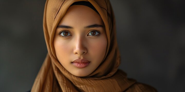 An Oriental Indonesian lady donning a chestnut hijab and dark attire.