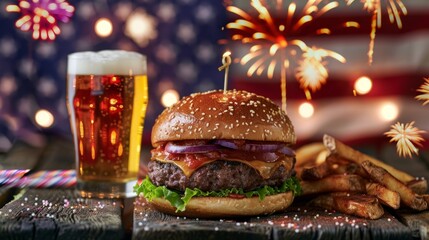 Succulent grilled burger surrounded by colorful fireworks with a chilled beer beside it set against a backdrop of the American flag