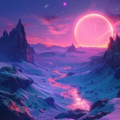 Neon Desert Landscapes Under Neon-Lit Sky

