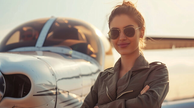 A happy, smiling and beautiful female pilot is standing beside a classic airplane on blurred outdoor background.