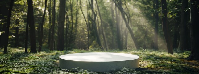 Flat stone podium in the magical forest , empty round stand background