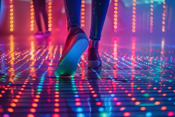 Disco Dance Moves in Retrowave Sparkling Colors on Disco Floor

