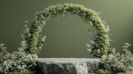 podium with arch and flowers for the presentation of luxury products