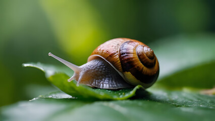 A snail on a leaf with a bokeh background