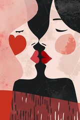 Vertical illustration of lesbian girls kissing. Drawing of abstract silhouette two women with lips near to each other. Red lips kiss together
