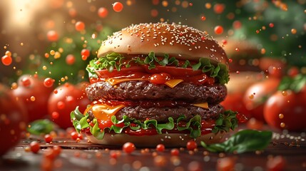 Highly realistic 3D burgers with grilled meat, falling and flying in detailed and angled view in a...