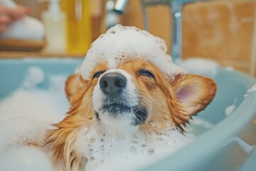 Happy dog getting a bubble bath, bright and clean spa, cheerful atmosphere professional pet care