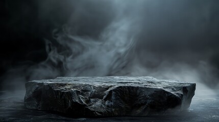 Rock Top for a Product Display, Showing Middle Close Focus to the Stone Surface on an Artistic Cloudy Foreground and Background