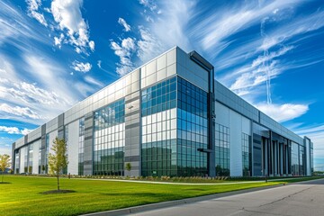 Fototapeta premium A large modern warehouse with an exterior of light grey metal and glass windows, located on the right side in front of it is green grass and blue sky with clouds