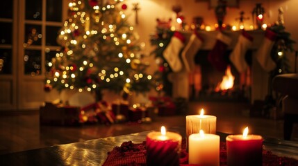 Holiday celebration at home, festive decorations, warm lighting, joyous and together 