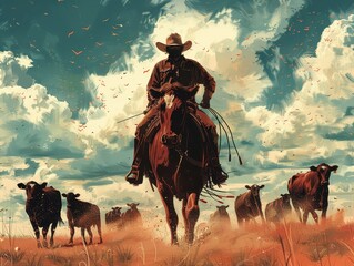 Silhouette of a cowboy riding a horse with cattle under a vast, cloudy sky in a western landscape, capturing the essence of rural life.