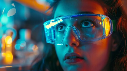 Young Female Student in Science Lab Wearing Protective Safety Goggles, Immersed in Scientific Experiment with Colorful Lighting, Promoting STEM Education and Diversity