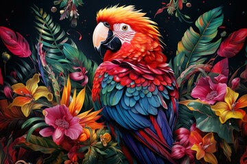 A colorful illustration of a macaw surrounded by lush exotic flowers