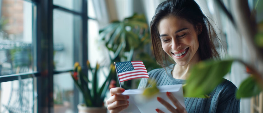 A smiling woman holding an American flag with a heartfelt letter.