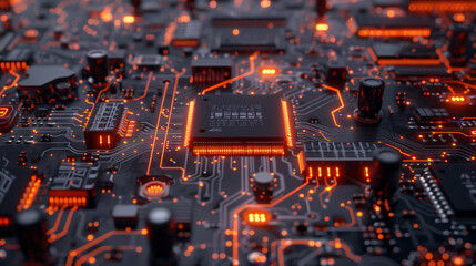 Optical circuit diagram chip of circuit board with CPU, technological circuit board demonstration, highlight its complex semiconductor patterns science view design