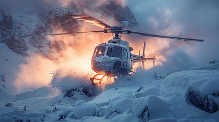 Helicopter landing on top of the mountain covered