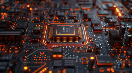 Optical circuit diagram chip of circuit board with CPU, technological circuit board demonstration, highlight its complex semiconductor patterns science view