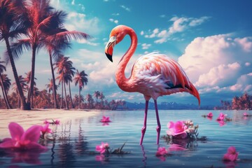 Vibrant flamingo stands amid gentle waters and blooming flowers with a sunset sky