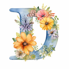 Watercolor,english alphabet with flowers and butterflies