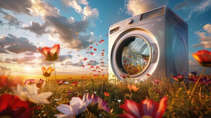 A washing machine door opens, inside is a beautiful landscape of spring flowers blooming in full bloom, The entire scene gives people excitement