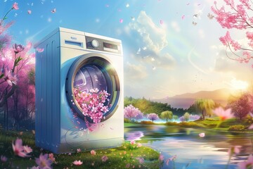 A washing machine door opens, inside is a beautiful landscape of spring flowers blooming in full bloom, The entire scene gives people excitement
