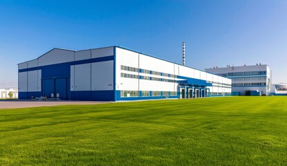 A large white and blue building with green grass in front of it