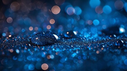 Close-up shot of glittering water droplets on a blue, bokeh light-dotted surface