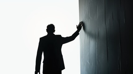 businessman silhouette person tries to stop the big wall hand from running , view from back, white background, dramatic