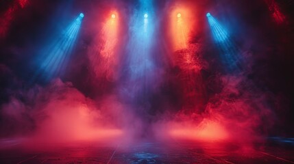 Concert stage enveloped in blue light beams and atmospheric smoke creating a captivating scene