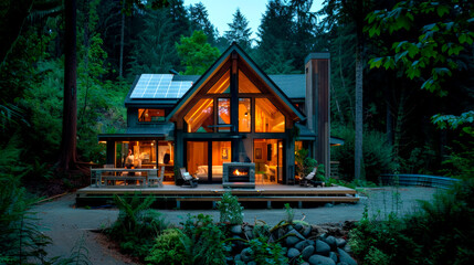 Cozy forest retreat with solar panels and warm interior lighting.