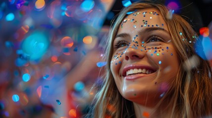 An image with a blurred person's face against a sparkling bokeh background of festive colors