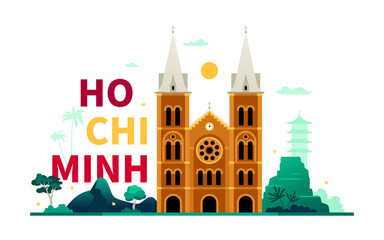 Cathedral of Our Lady - modern colored vector illustration with Notre Dame in Ho Chi Minh City. Vietnamese colonial architecture. Landmarks and green tropical nature of Asia. Tourism and heritage idea